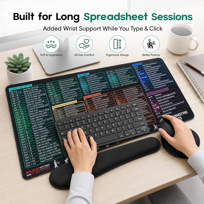 Excel Cheat Sheet Mouse Pad Set, 3-Piece XXL Excel Shortcut Desk Mat with Keyboard Wrist Rest & Mouse Wrist Rest, Non-Slip Spreadsheet Reference Pad for Office, Accountants, Students, Carbon Black