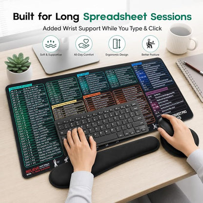 Excel Cheat Sheet Mouse Pad Set, 3-Piece XXL Excel Shortcut Desk Mat with Keyboard Wrist Rest & Mouse Wrist Rest, Non-Slip Spreadsheet Reference Pad for Office, Accountants, Students, Carbon Black