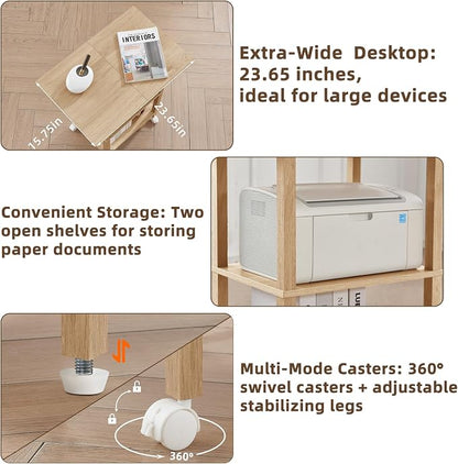 YUFAM 3 Tier Home Printer Stand with Storage, Wooden Mobile Printer Table Shelf, Rolling Printer Cart Shelf with Lockable Wheels fit Fax Machine, Scanner, Natural