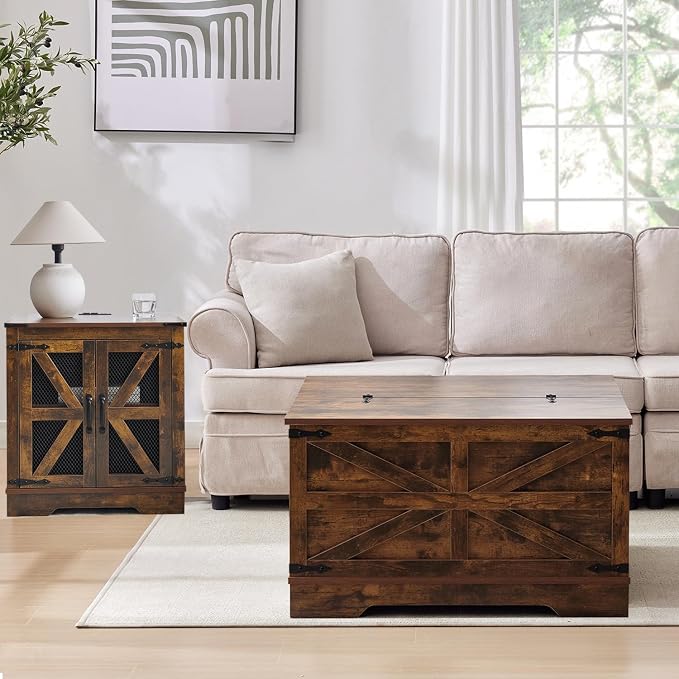 Farmhouse Coffee Table and End Table Sets of 3, 3 Piece Living Room Tables Set with Charging Station, Lift Top Coffees and 2 Large Side, Wood Furniture Sets with Storage, Brown