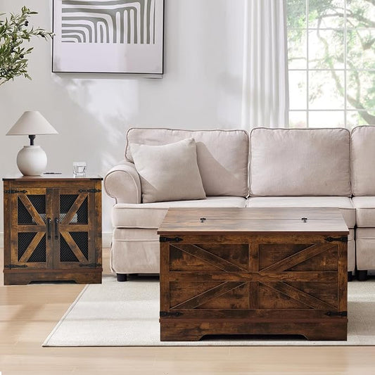 Farmhouse Coffee Table and End Table Sets of 3, 3 Piece Living Room Tables Set with Charging Station, Lift Top Coffees and 2 Large Side, Wood Furniture Sets with Storage, Brown
