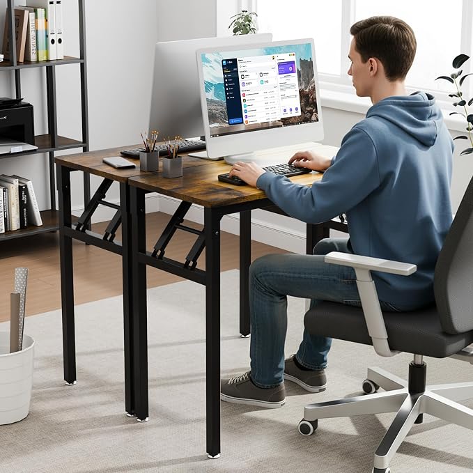 VINGLI Small Computer Desk No Assembly Required, Folding Desk as Writing Table, Dining Table and Workbench, Foldable Desk for Small Space & Home Office, 31.5 Inch, Brown & Black Frame
