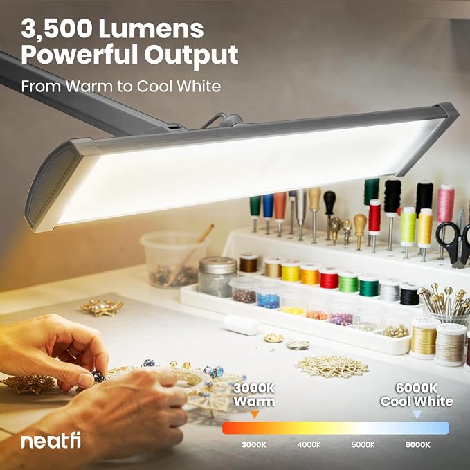 Neatfi 3,500 Lumens LED Desk Lamp – 45W Dimmable Task Light | 3 Light Modes | 540 SMD LEDs | Touch Control | Adjustable Arm | Reading, Craft, Workbench & Office (Silver-3, 26-Inch Wide Shade)