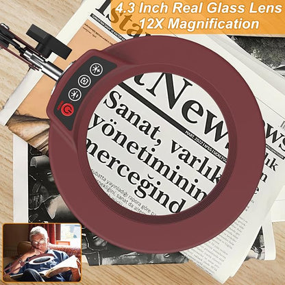 12X Large Magnifying Glass with Light and Clamp, Real Glass, 5 Color Modes, Stepless Dimmable, 2 x 16 Inch Adjustable Swing Arm Stand Desk Lamp, LED Lighted Magnifier Hands Free for Close Work - Red