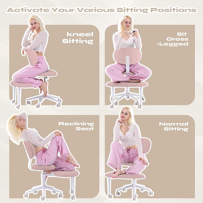 Pinmoco Ergonomic Cross Legged Office Chair with Wheels, ADHD Chair for Adults, Meditation Chair, Yoga Office Chair, Comfortable Back Support, Height Adjustable,Small Spaces, Teddy Fabric, Pink