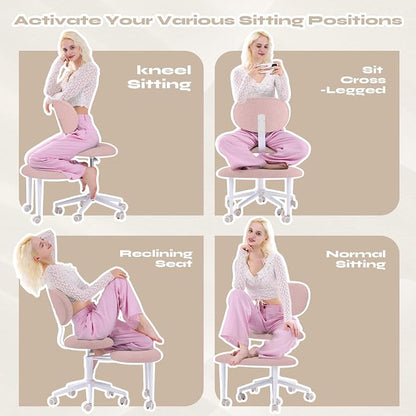 Pinmoco Ergonomic Cross Legged Office Chair with Wheels, ADHD Chair for Adults, Meditation Chair, Yoga Office Chair, Comfortable Back Support, Height Adjustable,Small Spaces, Teddy Fabric, Pink