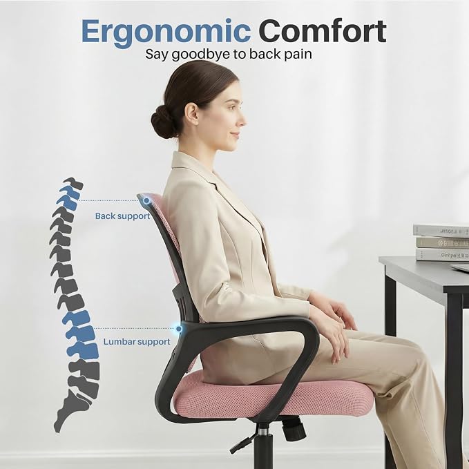 DUMOS Home Office Computer Chair - Ergonomic Mid Back Desk with Lumbar Support and Rocking Mode, Height Adjustable with Fixed Armrest, for Conference Meeting Room, 360° Swivel, Adults, Pink