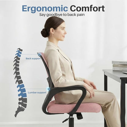 DUMOS Home Office Computer Chair - Ergonomic Mid Back Desk with Lumbar Support and Rocking Mode, Height Adjustable with Fixed Armrest, for Conference Meeting Room, 360° Swivel, Adults, Pink