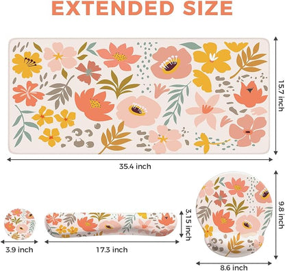 iCasso Desk Cover Mat, 4in1 Floral Large Mouse Pad with Wrist Rest, Desk Matt for Desktop, Anti-Slip XXL Big Computer Ergonomic Mousepad with Wrist Support for Keyboard and Mouse (Colorful)