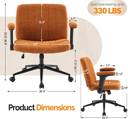 VINGLI Criss Cross Chair with Adjustable Flip-Up Arms,Cross Legged Chair with Wheels,Extra Wide Office Chair,Desk Chair for Home Office,Vanity,Bedroom, Apartment,Starry Chenille,Burnt Orange