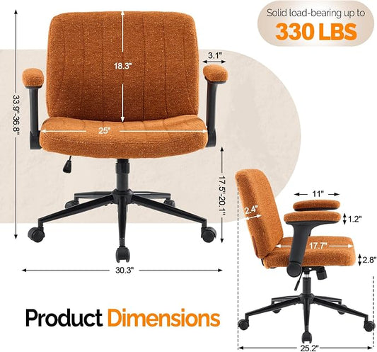 VINGLI Criss Cross Chair with Adjustable Flip-Up Arms,Cross Legged Chair with Wheels,Extra Wide Office Chair,Desk Chair for Home Office,Vanity,Bedroom, Apartment,Starry Chenille,Burnt Orange