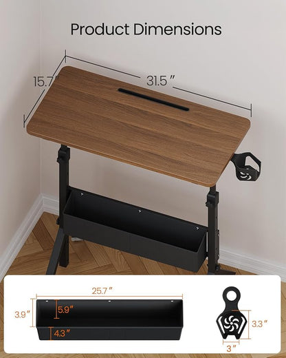 ErGear Mobile Standing Desk with Wheels, Adjustable Height 28.3″ to 46.1″, Rolling Laptop Cart with Cup Holder, Storage Basket, Computer & Pen Slot, Home Office Stand Up Desk, Walnut (31.5″ x 15.75″)
