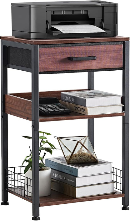 Lerliuo Walnut Printer Stand with Fabric Drawer, 3 Tier Industrial Side Table, Modern Small Printer Desk Holder with Storage Shelf,Multi-Functional Bedside Tables for Home Office Fax Machine Scanner