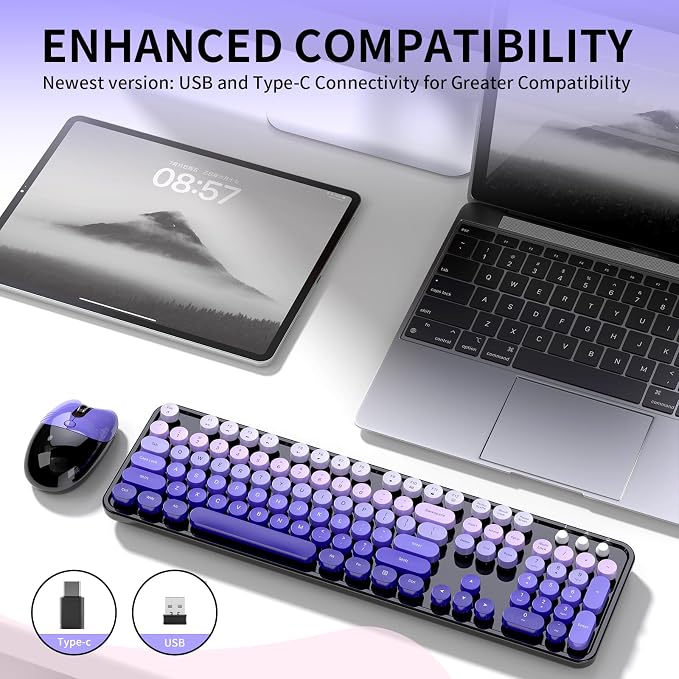 Wireless Keyboard and Mouse, 104 Round Keycaps Retro Typewriter with OTG & Brush, Full-Size Ergonomic, Ideal for Windows PC, Home, Office and College Purple Pink
