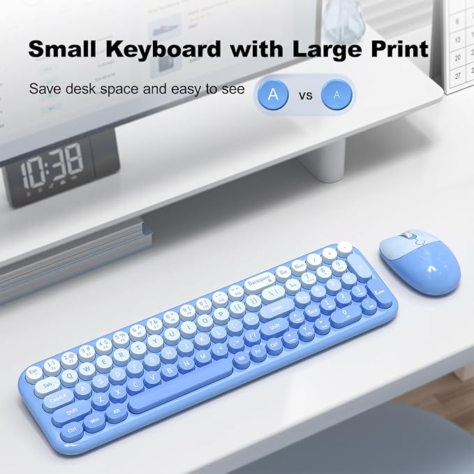 Wireless Keyboard and Mouse Combo, Meidosa 2.4GHz Colorful Full-Size Retro Typewriter Keyboard with Cat Shape 3 Level Adjustable Optical Mouse for PC/Desktop/Laptop/Windows (Blue Gradient)