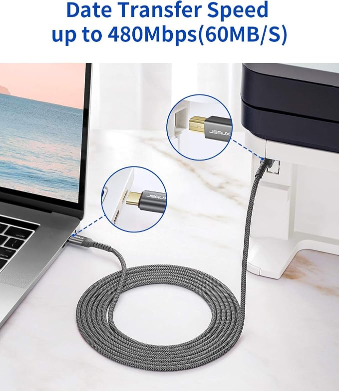 JSAUX USB B to USB C Printer Cable 10ft, USB C to USB B Printer Cable Nylon Braided, USB C MIDI Cable Compatible with MacBook Pro, HP, Epson, Canon, Brother, Lexmark, Xerox Printers and Scanners-Gray