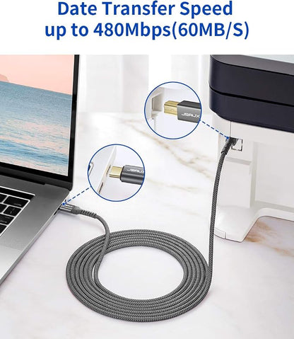 JSAUX USB B to USB C Printer Cable 10ft, USB C to USB B Printer Cable Nylon Braided, USB C MIDI Cable Compatible with MacBook Pro, HP, Epson, Canon, Brother, Lexmark, Xerox Printers and Scanners-Gray