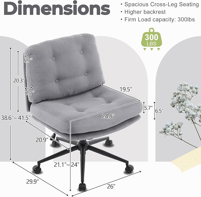 VINGLI Criss Cross Cloud Seat,Comfy Corduroy Cross Legged Office Desk Chair with/no Wheels,Cute Vanity Stool, Adjustable Wide Seat,Modern Swivel Perch for Study, Make Up, Home Office，Grey