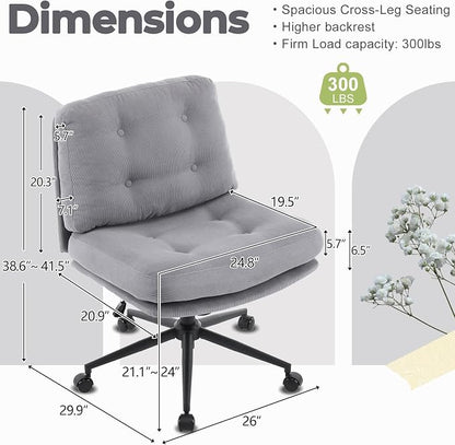VINGLI Criss Cross Cloud Seat,Comfy Corduroy Cross Legged Office Desk Chair with/no Wheels,Cute Vanity Stool, Adjustable Wide Seat,Modern Swivel Perch for Study, Make Up, Home Office，Grey