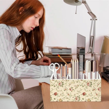 Vintage Floral Pen Pencil Holder for Desk, Neutral Cottagecore Flower Botanical Wooden Box Sign Decorations for Home Office Girls Room Bedroom Desk Tabletop
