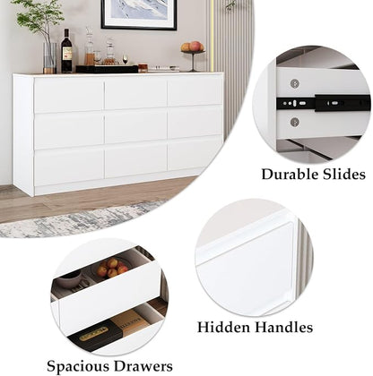 Home Office Cabinet with 9 Storage Units, 63” Lateral File Cabinet with No Handle Drawers, Wide Storage Cabinet, White, 15.7”D x 63”W x 31.5”H