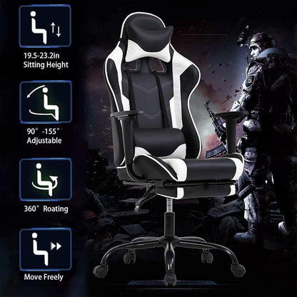 BestOffice | Ergonomic Gaming Chair | White | Reclining Computer Chair with Lumbar Support, Headrest Pillow, Adjustable Footrests | 360 Swivel with Heavy Duty Wheels | for Home & Office