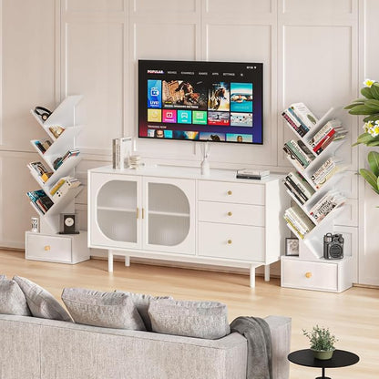 SHEEPAM 8 Tier Tree Bookshelf with Drawer, Free Standing Wood Bookcase for Living Room, Bedroom, Home Office, Space Saving Storage Organizer Bookshelves for Books, CDs, Vinyl Records- White