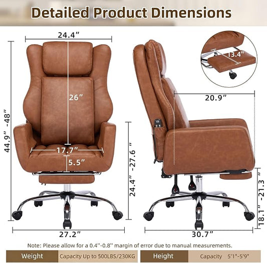 DYHOME Brown Leather Office Chair Cross Legged Sitting with Massage and Footrest, Heavy Duty Desk Chairs, Swivel Ergonomic Computer Gaming Chairs with Lumbar Support, Wheels Flip-up Arms Adjustable