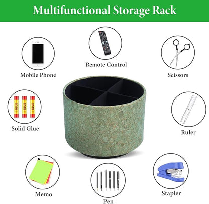 Round Leather Art Supply Organizer,Remote Control Holder,360 Degree Spinning,Multi-Functional Pencil Holder,4 Compartments Desktop Stationary Organizer(1-Soft Green)