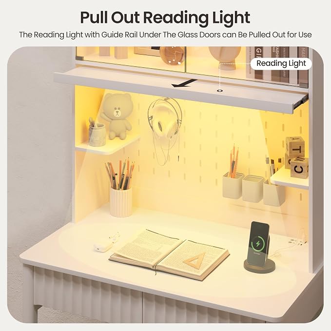 Lvifur 31.5" Small Study Desk with - Glass Doors,Computer Desk w/Charging Station and LED Reading Lights,Compact Writing Desk with Drawers,Writing Home Office Desks for Small Spaces Bedroom,White