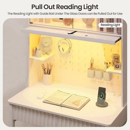 Lvifur 31.5" Small Study Desk with - Glass Doors,Computer Desk w/Charging Station and LED Reading Lights,Compact Writing Desk with Drawers,Writing Home Office Desks for Small Spaces Bedroom,White