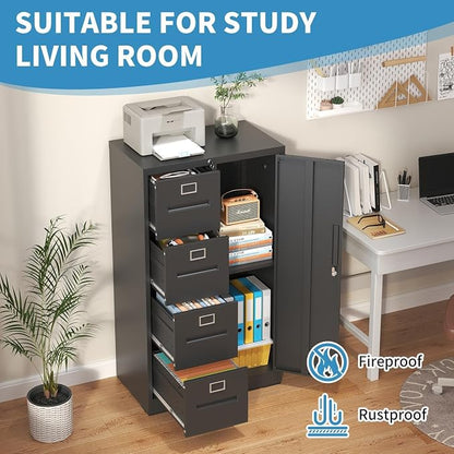 4 Drawer File Cabinet with Shelves and Hanging Rod, Metal Filing Cabinet with Lock for Home Office, File Storage Drawers for Legal/Letter Size Folders, Assembly Required (Black)