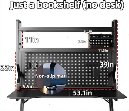 Desktop Hutch Bookshelf,Many Gifts,Metal Desktop Bookcase with pegboard, Desk Shelf Black, Countertop Storage Organizer Rack for Dorm or Office,Desktop Shelves(Black, 53.1" Lx9.9 Wx39 H)