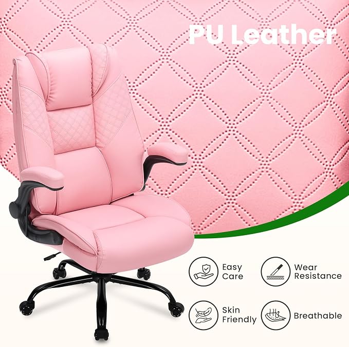 500lbs Big and Tall Office Chair with Inflatable Lumbar Support, Rubber Wheels Executive Chair with Rocking Function, High Back Wide Cushion Leather Ergonomic Computer Desk Chair for All-Day Sitting