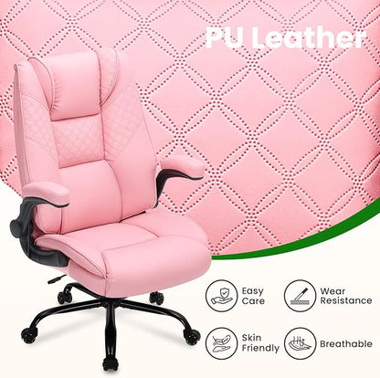 500lbs Big and Tall Office Chair with Inflatable Lumbar Support, Rubber Wheels Executive Chair with Rocking Function, High Back Wide Cushion Leather Ergonomic Computer Desk Chair for All-Day Sitting