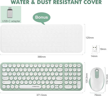 Wireless Keyboard and Mouse Combo,XTREMTEC 2.4GHz Quiet Slim Cute Round Keycap Compact Size Green Kawaii Cordless Retro Keyboard and Mouse Set Home Office Accessories for Mac/Windows(Macaron Green A)
