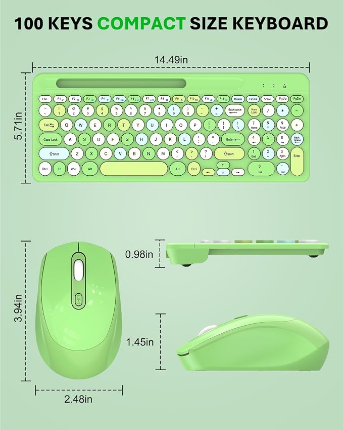 Colorful Wireless Keyboard and Mouse Combo - Round Keycaps, 2.4GHz Retro Typewriter Keyboard with Number Pad, Cute Compact USB Keyboard and Mouse for Computer PC Desktop Laptop (Green)
