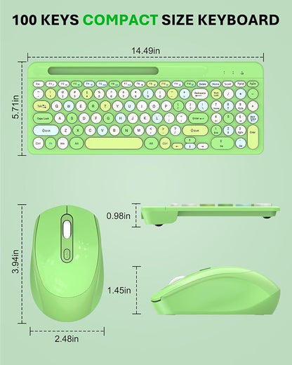 Colorful Wireless Keyboard and Mouse Combo - Round Keycaps, 2.4GHz Retro Typewriter Keyboard with Number Pad, Cute Compact USB Keyboard and Mouse for Computer PC Desktop Laptop (Green)