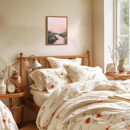 Framed Vintage Landscape Wall Art, Pink Floral Coastal Pictures Wall Decor, Rustic Wildflower Nature Paintings Canvas Prints Home Decor Aesthetic for Living Room Bedroom Bathroom 16x24 inch