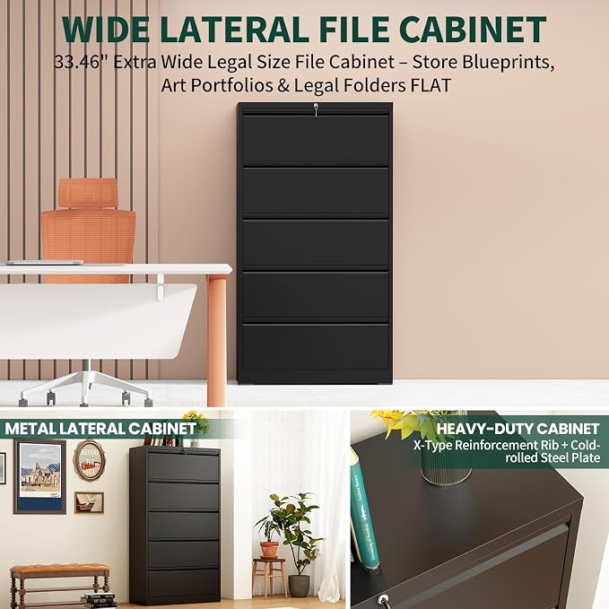 5 Drawer Lateral File Cabinet with Lock, Horizontal Metal File Cabinets for Home Office, Heavy Duty Large Filing Storage Cabinet, Steel Wide File Cabinet for Legal/A4/F4, Require Assembly-Black