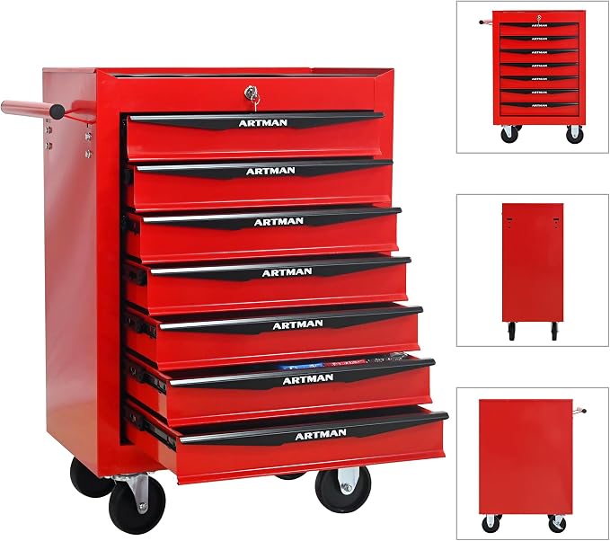 RYH 7 Drawers Rolling Tool Chest - Heavy Duty Mobile Tool Cart with Locking Wheels & Ball Bearing Drawers,30.5" H x 20.9" W x 13" D Garage Tool Storage Cabinet (Red, 7 Drawers)