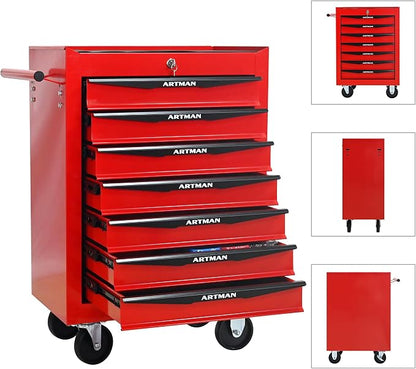 RYH 7 Drawers Rolling Tool Chest - Heavy Duty Mobile Tool Cart with Locking Wheels & Ball Bearing Drawers,30.5" H x 20.9" W x 13" D Garage Tool Storage Cabinet (Red, 7 Drawers)