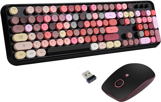 Colorful Wireless Keyboard and Mouse Combo, Lipstick Color Bubble Keyboard with Round Keys, 2.4Ghz Creamy Aesthetic Full Size Typewriter Style Keyboard with Number Pad for PC Laptop Desktop
