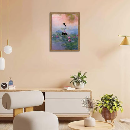 Vintage Framed Cat Canvas Wall Art Monet Print, Funny Black Cat in Water Lilies Poster, Monet Office Wall Decor, Floral Oil Painting Picture Artwork for Living Room Bathroom Aesthetic – 16x24 inch