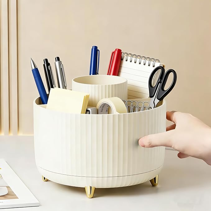 360 Degree Rotating Desktop Organizer,Makeup Brushes,Pencils,Desktop Stationery Storage Rotating Rack,Premium Plastic Organizer For Office,School And Home (Cream White)