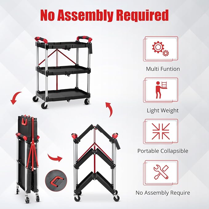 Garvee Collapsible Cart with Wheels, Service Cart, Rolling Carts with Wheels Foldable, 3 Tier Rolling Utility Cart, Folding Utility Shopping Cart for Bar, Kitchen, Office, Shopping, Garage