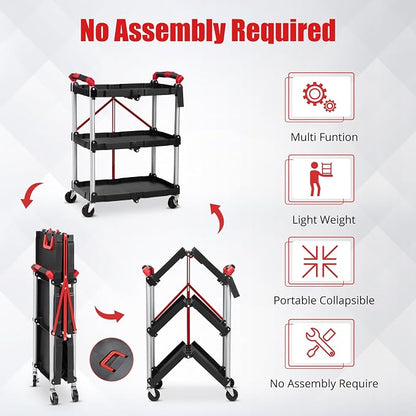 Garvee Collapsible Cart with Wheels, Service Cart, Rolling Carts with Wheels Foldable, 3 Tier Rolling Utility Cart, Folding Utility Shopping Cart for Bar, Kitchen, Office, Shopping, Garage