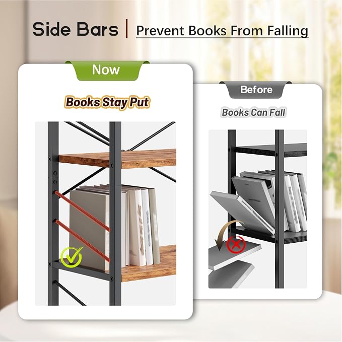 DurayLoly 4 Tier Book Shelf, Industrial Bookcases with Metal Frame and Sidebars, Small Bookshelf for Bedroom, Home Office and Living Room, Rustic Brown