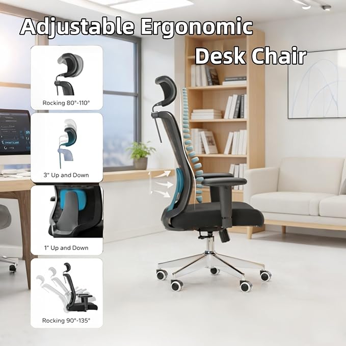 Monhey Ergonomic Office Chair, 90°-125° Tilt Back Home Desk Chair with 360° Swivel & Mute Wheels, High Back Mesh Computer Chair for Adults with Lumbar Support, 330 LBS Capacity (08All Black)
