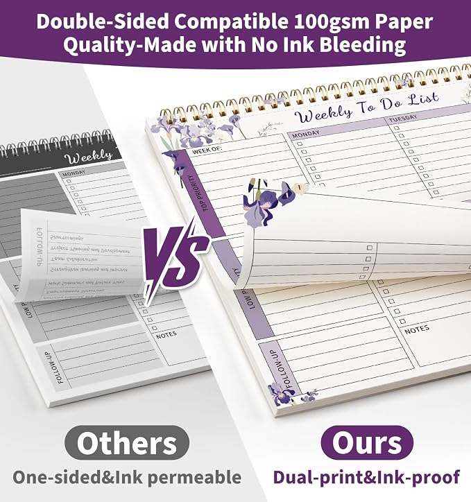 104 Pgs Weekly To Do List Notepad, 52 Duplex-Printed Undated Sheets 100 GSM（8.5"×11") Weekly Desk Planner For Work Home School Office Desk Accessories Supplies & Goal Setting Tasks - Purple Iris